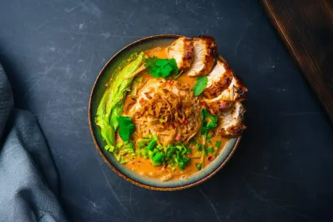Aksamitny, kremowy tan tan ramen z kawałkami grillowanego kurczaka, chrupiącą cebulką i świeżą kolendrą.