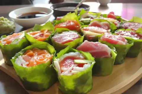 Pyszne sushi w liściach sałaty, z łososiem i tuńczykiem w środku. Obok miseczka z sosem sojowym i wasabi.