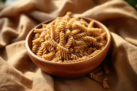 Drewniana miska pełna skręconego makaronu bez glutenu, ułożonego na lnianym materiale.