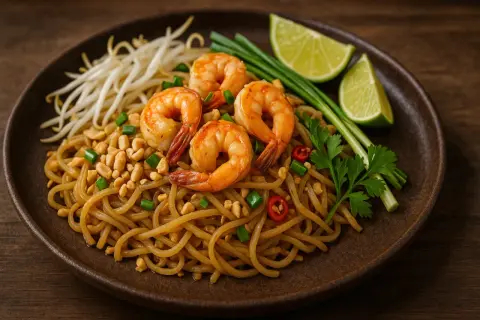 Pyszne Pad Thai z krewetkami, posypane orzeszkami ziemnymi i chilli. Idealny sos do pad thai podkreśla smak tego dania.