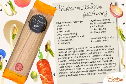 Opakowanie makaronu ryżowego Bio Organic z przepisem na danie z kiełkami fasoli mung.