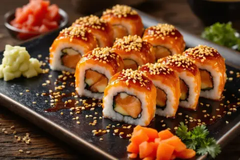 Pyszne sushi z pieczonym łososiem, polane sosem teriyaki i posypane sezamem. Obok imbir i wasabi.