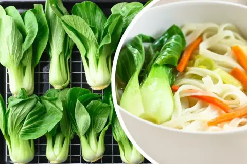 Świeża sałata pak choi na tacy i w misce z makaronem i warzywami.