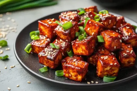 Aksamitne dania z tofu w sosie, posypane sezamem i szczypiorkiem, kuszą apetycznym wyglądem.