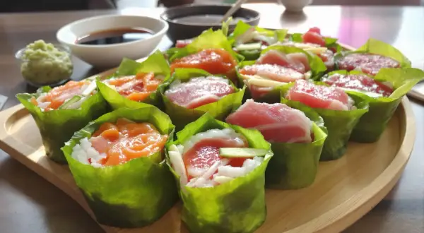 Pyszne sushi w liściach sałaty, z łososiem i tuńczykiem w środku. Obok miseczka z sosem sojowym i wasabi.