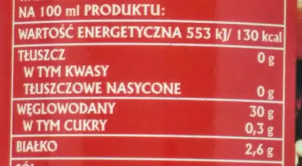 Tabela wartości odżywczych sosu sojowego: 130 kcal, 0g tłuszczu, 30g węglowodanów, 2,6g białka, 12,6g soli.