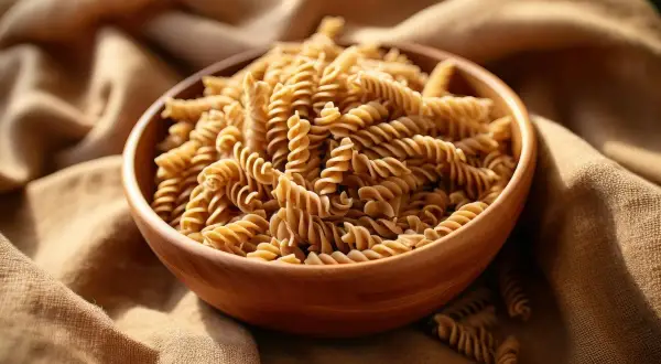 Drewniana miska pełna skręconego makaronu bez glutenu, ułożonego na lnianym materiale.