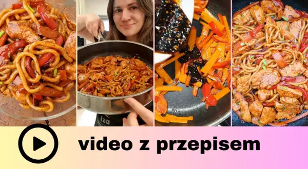 Kolorowy makaron udon z kurczakiem i warzywami, przygotowany według prostego przepisu. Wideo z przepisem.
