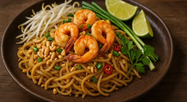 Pyszne Pad Thai z krewetkami, posypane orzeszkami ziemnymi i chilli. Idealny sos do pad thai podkreśla smak tego dania.