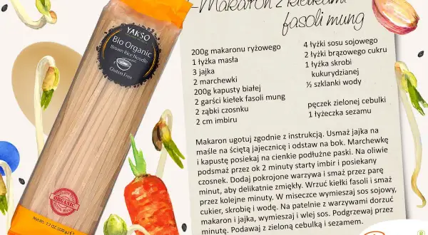 Opakowanie makaronu ryżowego Bio Organic z przepisem na danie z kiełkami fasoli mung.