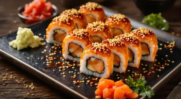 Pyszne sushi z pieczonym łososiem, polane sosem teriyaki i posypane sezamem. Obok imbir i wasabi.