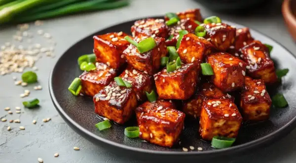 Aksamitne dania z tofu w sosie, posypane sezamem i szczypiorkiem, kuszą apetycznym wyglądem.