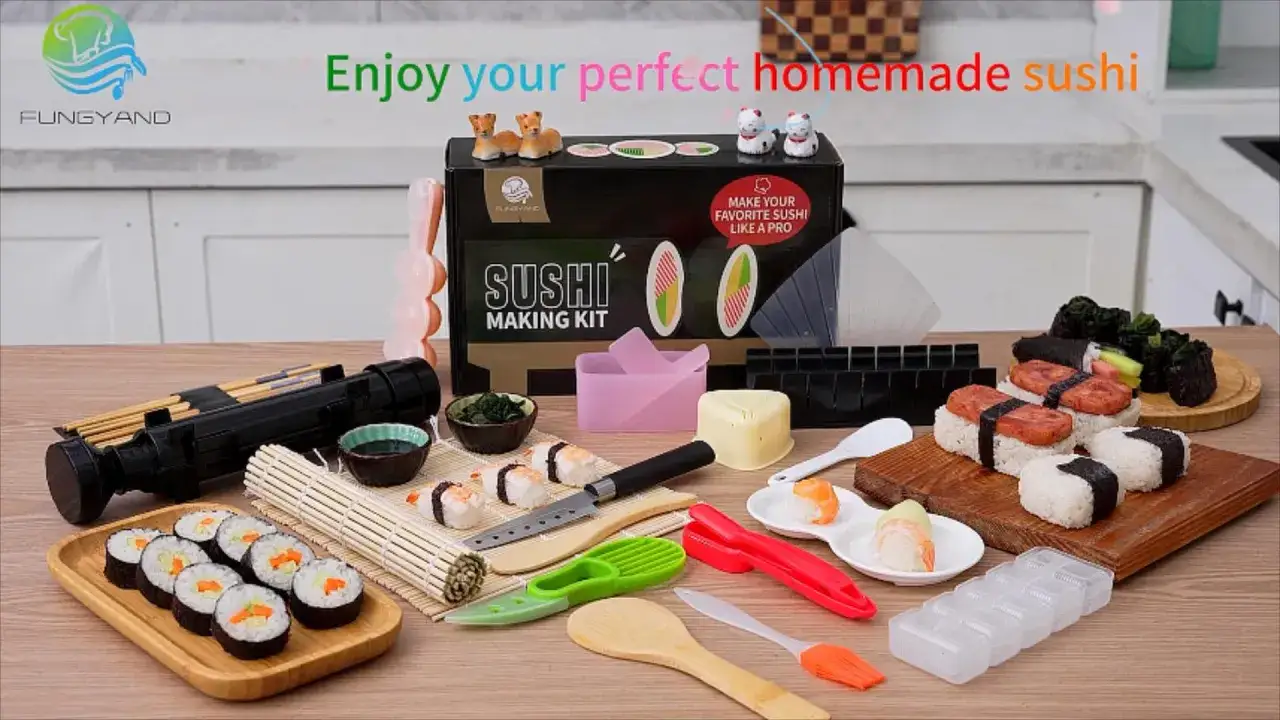 Zestaw do robienia sushi w domu zawiera matę, formy i akcesoria. Gotowe rolki i nigiri zachęcają do kulinarnej przygody.
