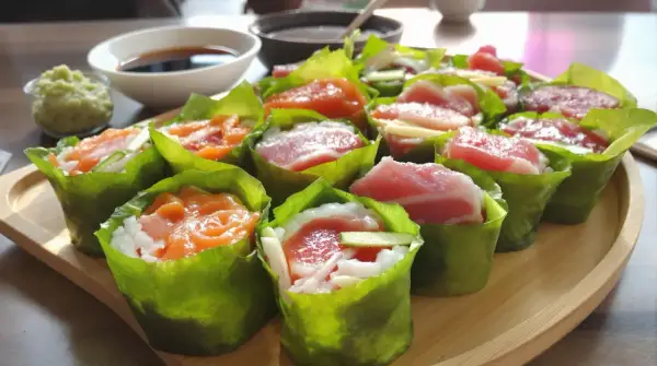 Pyszne sushi w liściach sałaty, z łososiem i tuńczykiem w środku. Obok miseczka z sosem sojowym i wasabi.