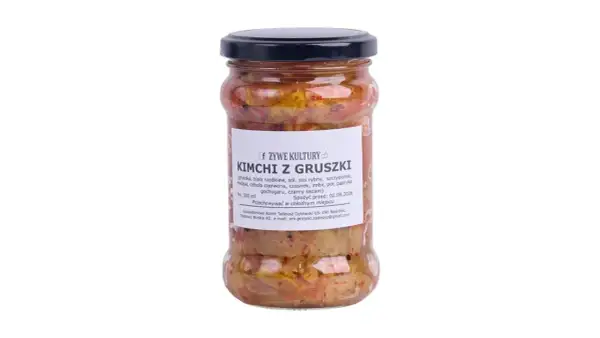 Słoik z kimchi z gruszkami, z etykietą "Żywe Kultury Kimchi z Gruszki".