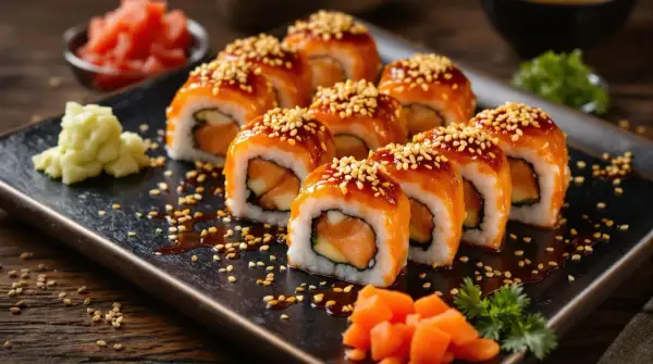 Pyszne sushi z pieczonym łososiem, polane sosem teriyaki i posypane sezamem. Obok imbir i wasabi.