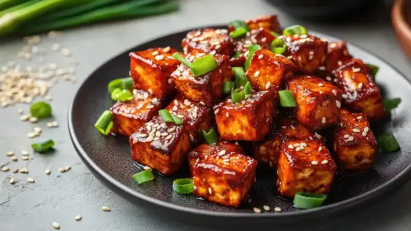 Aksamitne dania z tofu w sosie, posypane sezamem i szczypiorkiem, kuszą apetycznym wyglądem.